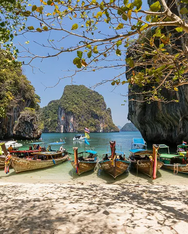 A collection of boats resting on the sandy beach