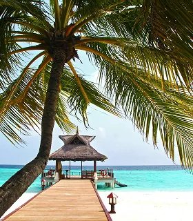 A tropical scene with a wooden pier leading to a thatched-roof gazebo over turquoise water