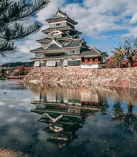 Traditional Japanese castle with tiered roofs reflected in calm water