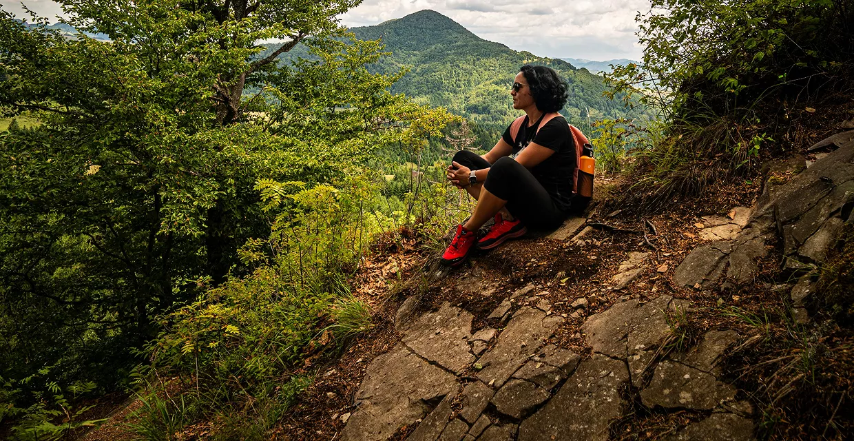 A person sits on a rock, gazing out over a vast valley under a clear blue sky